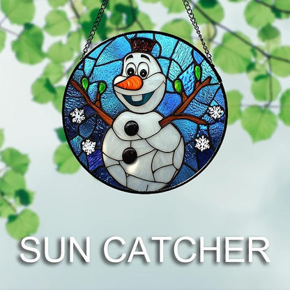Stained Glass Window Hanging Christmas Funny Snowman 7.8" - Suncatcher Door Garden Blue White Snowflakes Sun Catcher New Year Birthday for Friend Mom Men Woman Nana