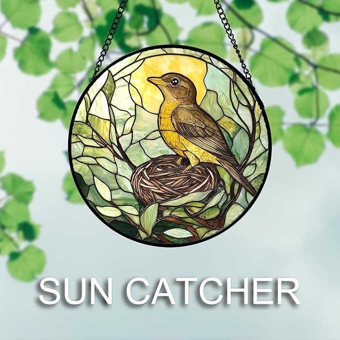 Stained Glass Window Hanging 4 Pcs Set Bird Theme On Branch Large 15" - Cardinal Suncatcher Door Garden Sun Catcher Decor Birthday Christmas for Mom Woman Nana Men