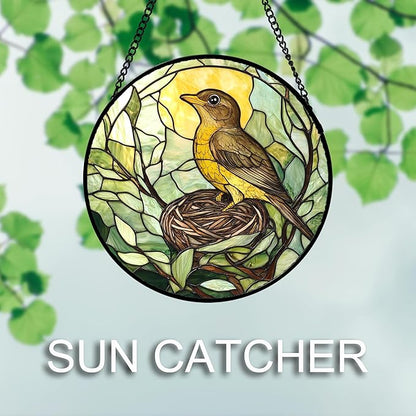 Stained Glass Window Hanging 4 Pcs Set Bird Theme On Branch 6.3" - Cardinal Suncatcher Door Garden Sun Catcher Decor Birthday Christmas for Mom Woman Nana Men