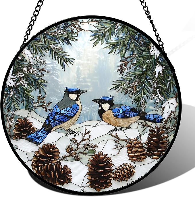Stained Glass Window Hanging - Blue Bird Winter Forest Landscape Suncatcher for Door Garden Yard Sun Catchers Decor Christmas Mother's Day Birthday Gifts for Women Mom Nana Friend 15 in