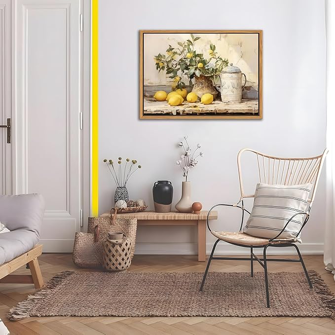 Floating Framed Vintage Kitchen Wall Art, Yellow Lemon Still Life Wall Decor Oil Paintings, Rustic Farmhouse Artwork Canvas Posters Prints Pictures for Living Room Bedroom Home Decor 12x16 Inch