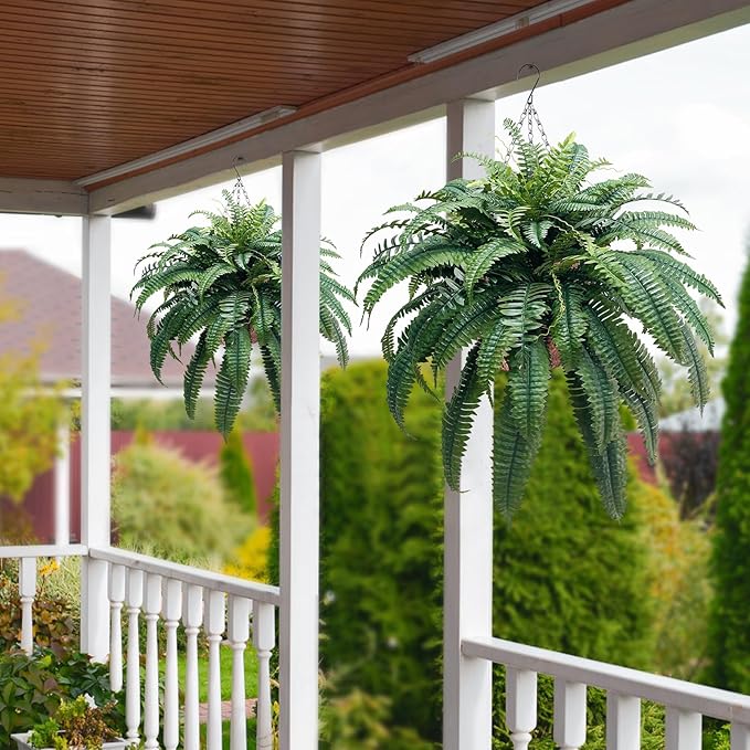 Artificial Boston Fern - 47” Faux Fern with 88 Leaves, Single Plant for Indoor & Outdoor Decoration, UV Resistant Greenery for Porch, Patio & Home Decor