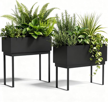 Worth Set of 2 Raised Metal Planter Box with Legs, Large & Small Matte Black Galvanized Steel Elevated Garden Beds with Drainage Hole & Plug for Vegetables, Flowers & Herbs, Indoor & Outdoor Use