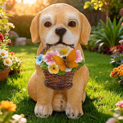 Solar Garden Dog Statue Outdoor Decor – Funny Golden Puppy Figurine with Butterfly & Flower Basket, Resin Yard Porch Patio Ornaments, Unique Christmas Birthday Gifts for Mom Grandma Women