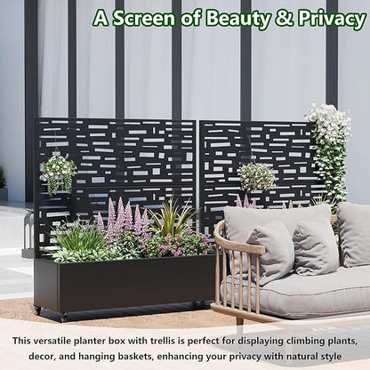 Casaphoria Raised Garden Bed Metal Planter Box with Trellis, 47"x47"x16" for Outdoor Climbing Plants, Flowers Vegetables and Vines Privacy Screen with Wheels and Drainage Holes(Black Street)