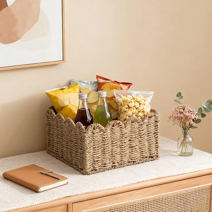 Scalloped Basket, Wicker Storage Baskets, Hand Woven Baskets for Shelves,Natural Baskets for Organizing (Seagrass(S-9.5" L x 9.5" W x 5.5" H))