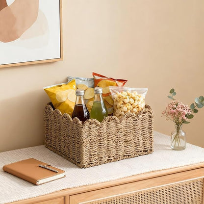 Scalloped Basket, Wicker Storage Baskets, Hand Woven Baskets for Shelves,Natural Baskets for Organizing (Seagrass(S-9.5" L x 9.5" W x 5.5" H))