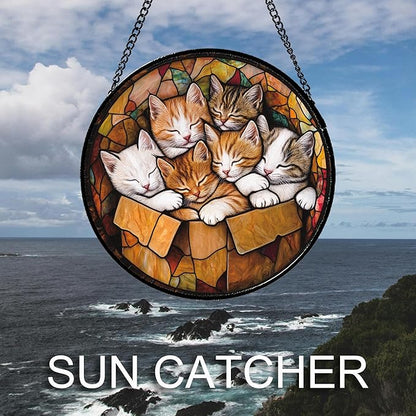Stained Glass Window Hanging 6 Cute Kittens 7.8" - Cat Gift Suncatcher Door Sun Catcher Decor Birthday Christmas for Lost Pets Mom Men Woman Friend