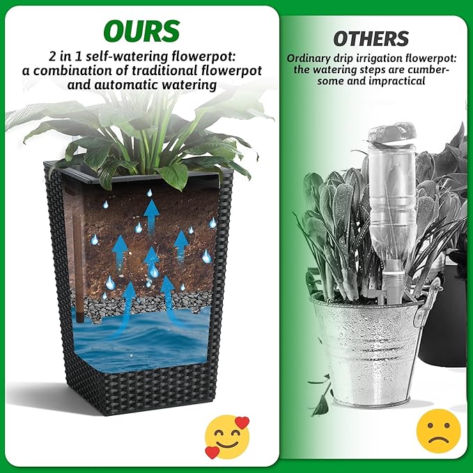 GarveeLife 16 Inch Tall Rattan Planter Set of 2, Large Self-Watering Pot with Water Level Monitor Outdoor and Indoor for Patio, Porch, Living Room, or Home Office, Black