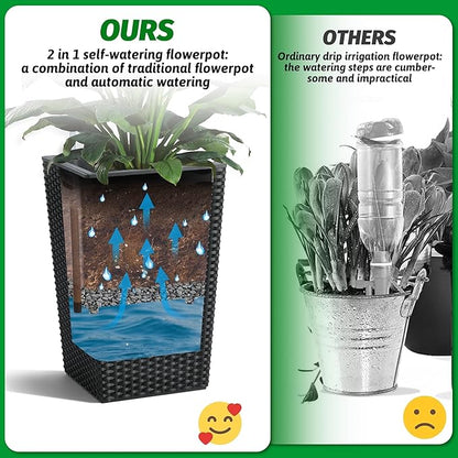 GarveeLife 16 Inch Tall Rattan Planter Set of 2, Large Self-Watering Pot with Water Level Monitor Outdoor and Indoor for Patio, Porch, Living Room, or Home Office, Black