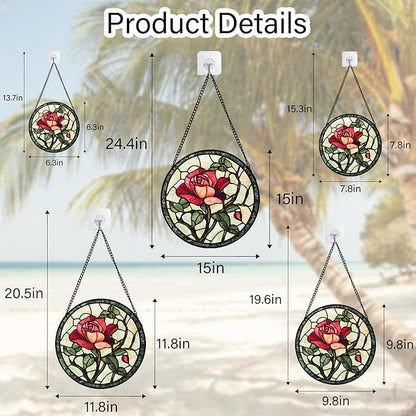 Stained Glass Window Hanging, Red Rose Flowers Sun Catcher for Door Garden Home Decor Suncatcher Christmas Mother's Day Birthday Gifts for Women Lovers Men Wife Girlfriend Mom Nana 11.8 in
