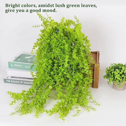 Fake Hanging Plants Faux Vine Leaves Artificial Green Eucalyptus Plants Fake Hanging Eucalyptus Leaf Plant Decorate Indoors Outdoors Decor of Living Room Kitchen Yard Garden Bedroom Wall(Light Green)