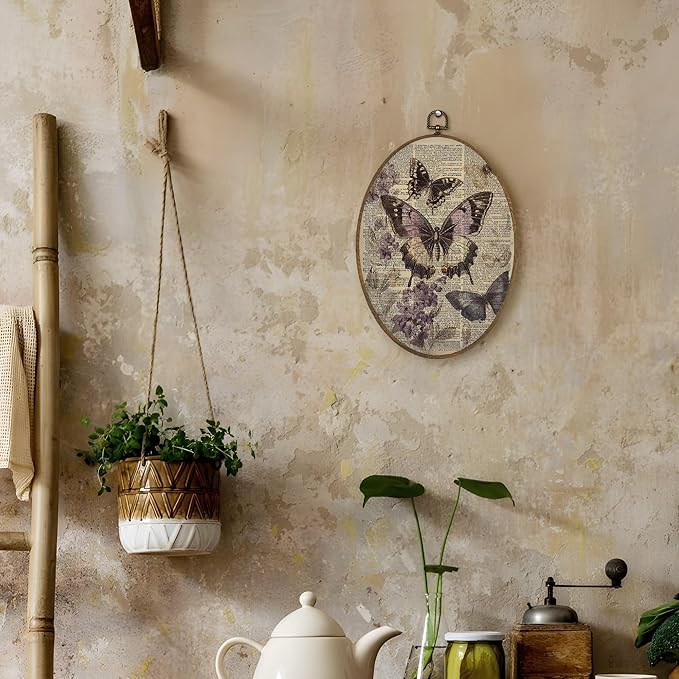 LKETW Vintage Purple Butterfly Oval Wall Art Decor, Cottagecore Dictionary Butterfly Floral Oval Canvas Hanging Decor, Retro Moth Insect Wall Decorations for Home Bedroom Living Room, 8.6x11.4 Inch