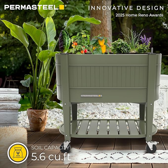 Permasteel Raised Garden Bed with Legs, Planter Box with EnGrow™ TrueSoil™ Technology for Vegetables, Flowers, Herbs, and Fruit, Outdoor Indoor, Storage Shelf, Caster Wheels, Green