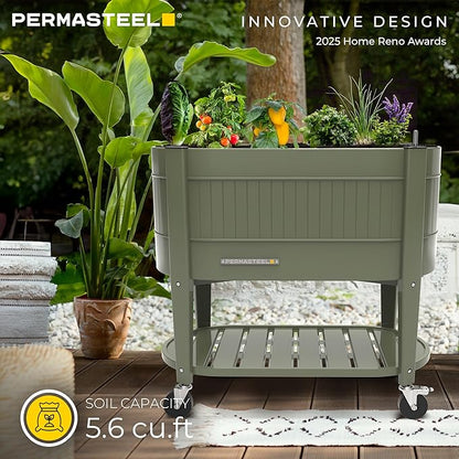 Permasteel Raised Garden Bed with Legs, Planter Box with EnGrow™ TrueSoil™ Technology for Vegetables, Flowers, Herbs, and Fruit, Outdoor Indoor, Storage Shelf, Caster Wheels, Green