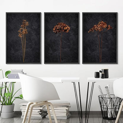 Ashbrook Framed Canvas Print Wall Art Set Grunge Moody Orange Flower Nature Wilderness Illustrations Modern Art Decorative Floral Botanical Minimal Calm/Relax/Cozy for Bedroom - 24"x36"x3 BLACK