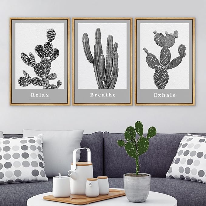 Ashbrook Framed Wall Art Print Set Black & White Grayscale Desert Succulents Nature Wilderness Photography Modern Art Boho Scenic Dramatic for Living Room, Bedroom, Office - 16"x24"x3 Natural