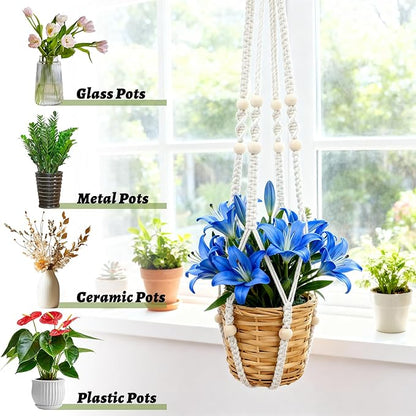 Large Macrame Plant Hanger with S Hook, 35 Inch Hanging Planters for Indoor Plants Outdoor, Extra Long Strong Hanging Plant Holder Basket Boho Home Decor(Ivory)