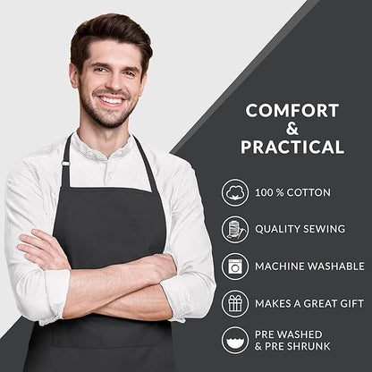 CALICOT Apron for women with Pocket 100% Cotton 27.50"x31.50" 2 Pieces Adjustable Neck Strap & long ties Apron Men, Chef, Wedding, Cooking, Gardening, Server, Waitress (Black)