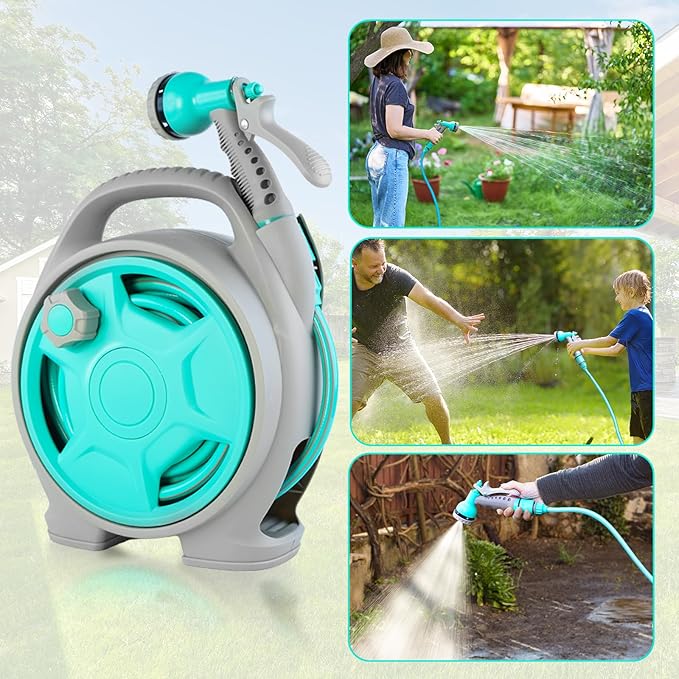 50FT Retractable Garden Hose Reel, Lightweight & Portable Hose Reel with 6 Patterns Spray Nozzle, Suitable for US Standard Hose Connection