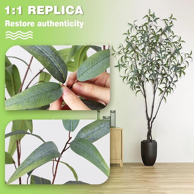 6.89ft Aritificial Eucalyptus Trees for Indoor Home Decorations, Tall Faux Eucalypt Trees with Lifelike Leaves for Outdoor Decor, Nearly Natural Fake Floor Plants for Living Room Office