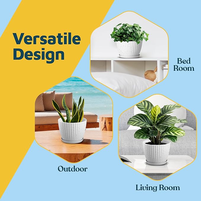 White Gray 6-Inch Plant Pots with Drainage & Saucers 24 Pack, Indoor & Outdoor Planters for Houseplants, Herbs, and Flowers, Durable & Weatherproof Material, Stackable, Lightweight, Minimalist Design