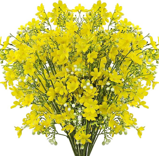10 PCS Silk Flowers with Long Stems Artificial Flower for Tall Vase Outdoors Fake Babys Breath Bouquet Faux Floral Wedding Party Decoration Home Indoor Table Centerpiece Decor (Yellow)
