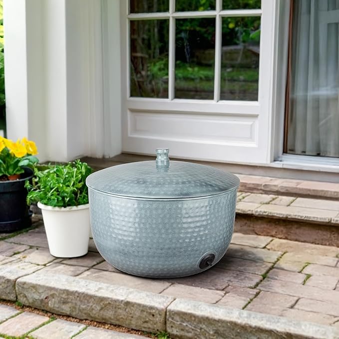 Monarch Abode Garden Hose Holder with Lid – Decorative Water Hose Holders for Outside, Hand Hammered Metal Patina Pot with Drainage, 100ft Waterhose Holder for Outside, Garden Storage Caddy