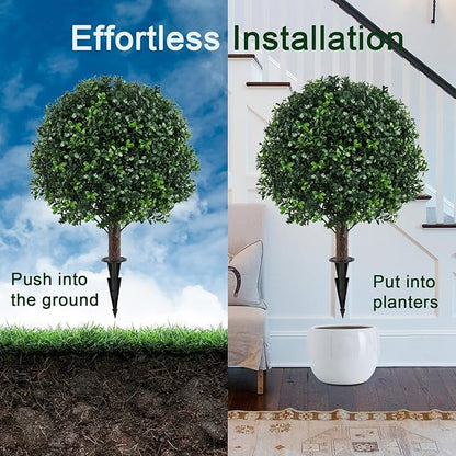 Set of 2 Artificial Boxwood Ball Trees for Outdoor with Spike, UV Resistant Faux Topiary Ball, Fake Plants Greenery Round Shrubs Bushes for Entryway Front Porch Decor