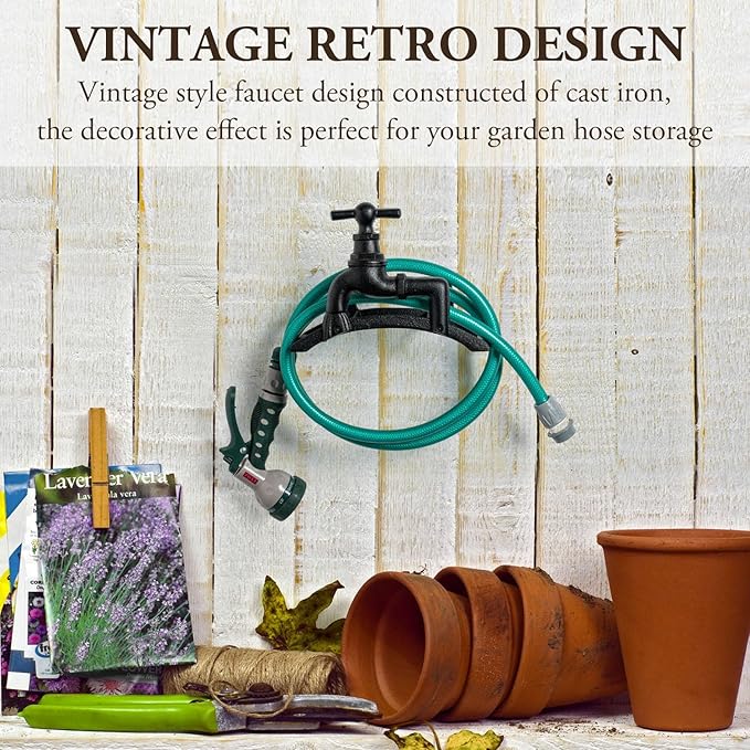 MyGift Wall Mounted Garden Hose Holder, Vintage Black Cast Iron Watering Tube Rack, Decorative Antique Faucet Hanging Hook Water Hosepipe Reel (Spigot Design)