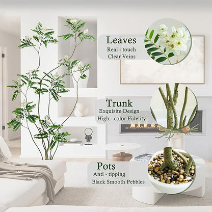 Artificial Locust Tree：6FT Faux Black Locust Floor Plant with White Flowers Small Round Silk Leaves & Elegant Branches in Beige Ribbed Planter for Indoor Home Office Decor Hotel Patio Studio