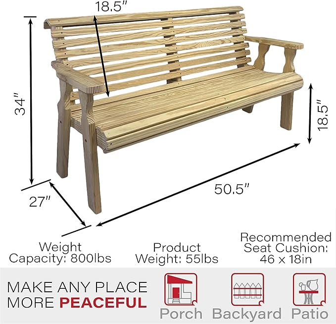 Amish Casual Heavy Duty Unfinished 4 Foot Roll Back Outdoor Bench - Amish Made in The USA from Treated Pine for Outdoor Durability, 700 Lb Weight Capacity