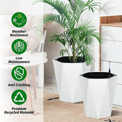 GarveeLife 16 in Tall Diamond Planters Set of 2, Self Watering Planters with Water Level Monitor, Flower Pots Outdoor and Indoor for Patio, Porch, Living Room, Home Office, White