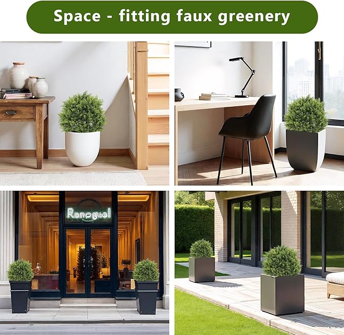 2ft Artificial Cedar Topiary Ball Trees Outdoor, 24" UV Resistant Faux Potted Plants Outside, Realistic Fake Greenery Evergreen Pine Cypress Bushes Shrubs for Front Porch Planter Indoor Decor Set of 2