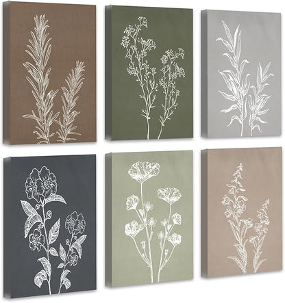 Drsoum Vintage Botanical Wall Art Framed Boho Wall Art Decor Wooded Minimalist Print Modern Rustic Farmhouse Home Kitchen Decor 12x16inx6pcs