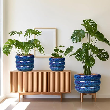SQOWL Ceramic Pot for Plants 13.5 Inch - Outdoor Planter Large Plant Pot Indoor with Drainage Hole Round Flower Pot Mid-Century Planter for Patio Outdoor Decor Blue