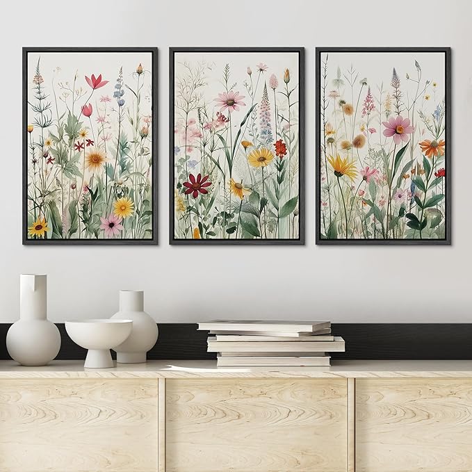 Ashbrook Framed Canvas Print Wall Art Set Garden Forest Wildflowers Nature Wilderness Illustrations Modern Art Decorative Floral Botanical Minimal Calm/Relax/Cozy for Bedroom - 24"x36"x3 BLACK