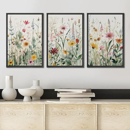 Ashbrook Framed Canvas Print Wall Art Set Garden Forest Wildflowers Nature Wilderness Illustrations Modern Art Decorative Floral Botanical Minimal Calm/Relax/Cozy for Bedroom - 24"x36"x3 BLACK