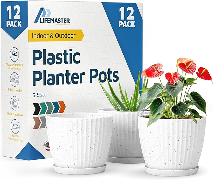 White Gray 6-Inch Plant Pots with Drainage & Saucers 12 Pack, Indoor & Outdoor Planters for Houseplants, Herbs, and Flowers, Durable & Weatherproof Material, Stackable, Lightweight, Minimalist Design