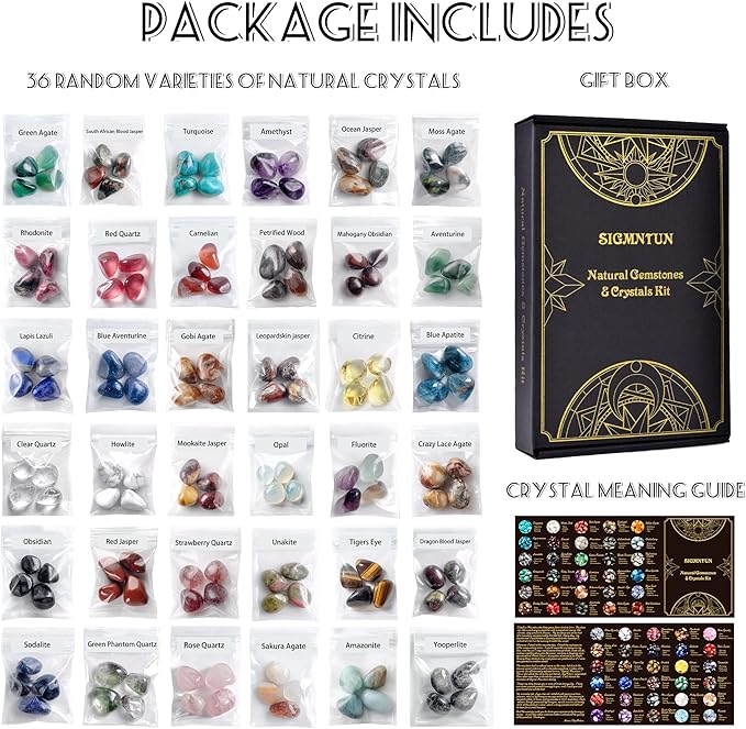 Polished Healing Crystal Chips Stones Set, Christmas Gift - 36 Different Natural Gemstone Types, 2.5 lbs 0.6" Tumbled Decorative Rocks Collection for Chakra, Meditation, Reiki, Crafts
