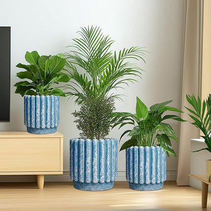Ceramic Planter - 7.6 Inch Ceramic Plant Pots with Drainage Hole, Decorative Flower Pots for Indoor Outdoor, Fluted Round Planter, Room Home Decor, Plant Lover Gifts for Women, Blue