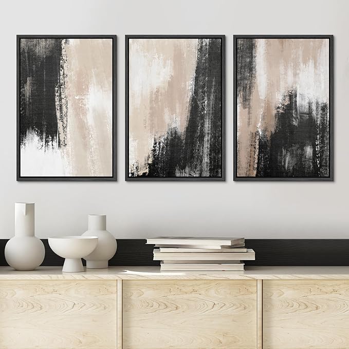 Ashbrook Framed Wall Art Print Set Brown Black Grunge Paint Stroke Landscape Abstract Shapes Illustrations Modern Art Boho Scenic Colorful for Living Room, Bedroom, Office - 16"x24"x3 Black