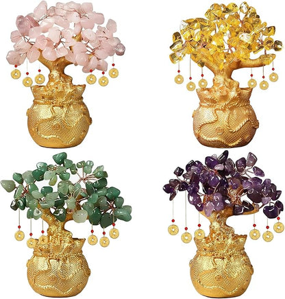 Amethyst Crystal Money Tree – Feng Shui Wisdom Purification Golden Bag Bonsai Lucky Gemstone Home Office Decor (14cm Height)