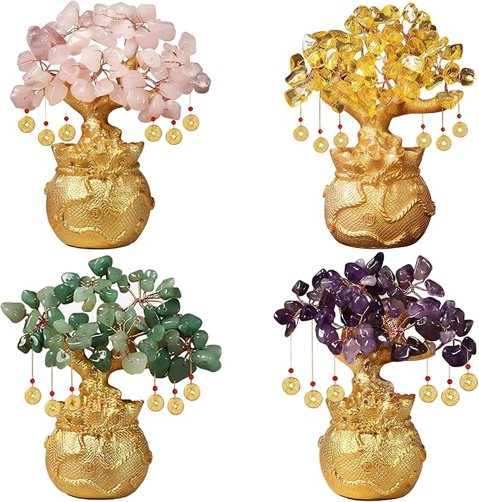 Green Aventurine Money Tree – Feng Shui Wealth Prosperity Golden Bag Bonsai Lucky Gemstone Home Office Decor (14cm Height)