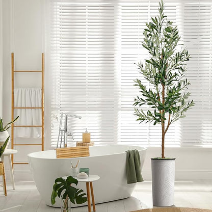 Artificial Tree in White Marble Effect Planter, Fake Olive Silk Tree for Indoor and Outdoor Home Decoration - 68" Overall Tall (Plant Pot Plus Tree)
