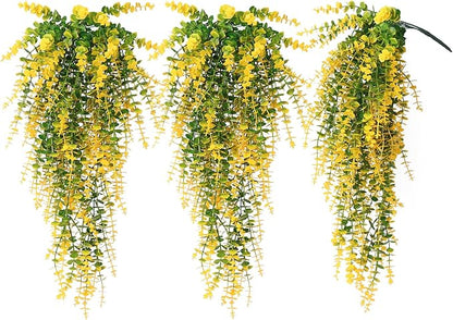 RECUTMS Artificial Plants Hanging Outdoor Fake Plants Hanging Vines Faux Eucalyptus Leaves Greenery Vines Fake Vines Plants for Room Wall Decor Garden Outdoor Wedding Courtyard Decoration(Yellow)