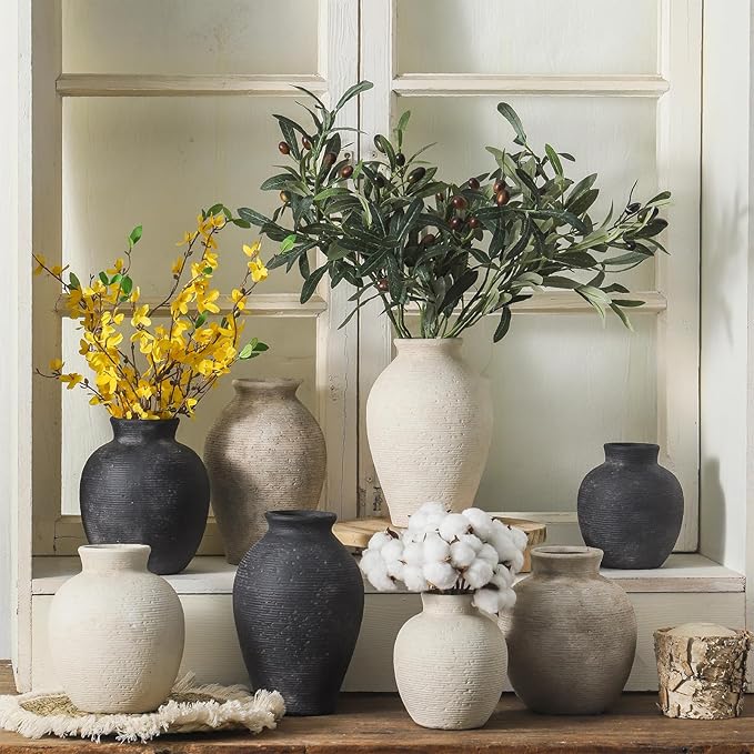 Ceramic Flower Vase Home Decor - Farmhouse Table Vases Rustic Vintage Living Room Kitchen Bedroom Decorations for House Book Shelf Office Coffee Desk Dining Fireplace (7.4" Rustic)