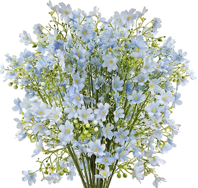 10 PCS Silk Flowers with Long Stems Artificial Flower for Tall Vase Outdoors Fake Babys Breath Bouquet Faux Floral Wedding Party Decoration Home Indoor Table Centerpiece Decor (Light Blue)