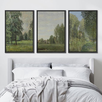 Ashbrook Framed Canvas Print Wall Art Set Fine Art Watercolor Emerald Green Forest Landscape Nature Wilderness Illustrations Floral Botanical Minimal Calm/Relax for Bedroom - 16"x24"x3 BLACK