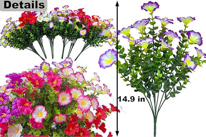 Artificial Faux Flowers for Outdoors, 12 Bundles Artificial Plants Outdoor UV Resistant, Fake Morning Glory Silk Flowers for Outside Planter Porch Patio Yard